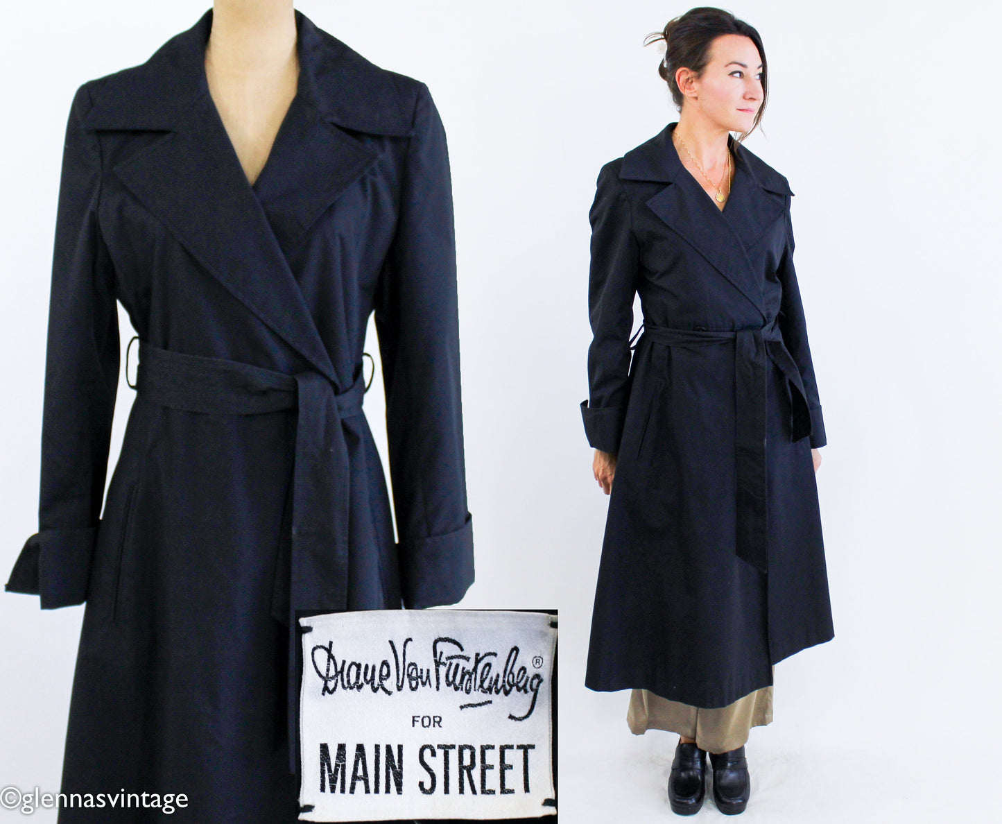 Diane von Furstenberg | 1980s Black Trench Coat l 80s Black Wrap Trench Coat | Diane von Furstenberg | Medium