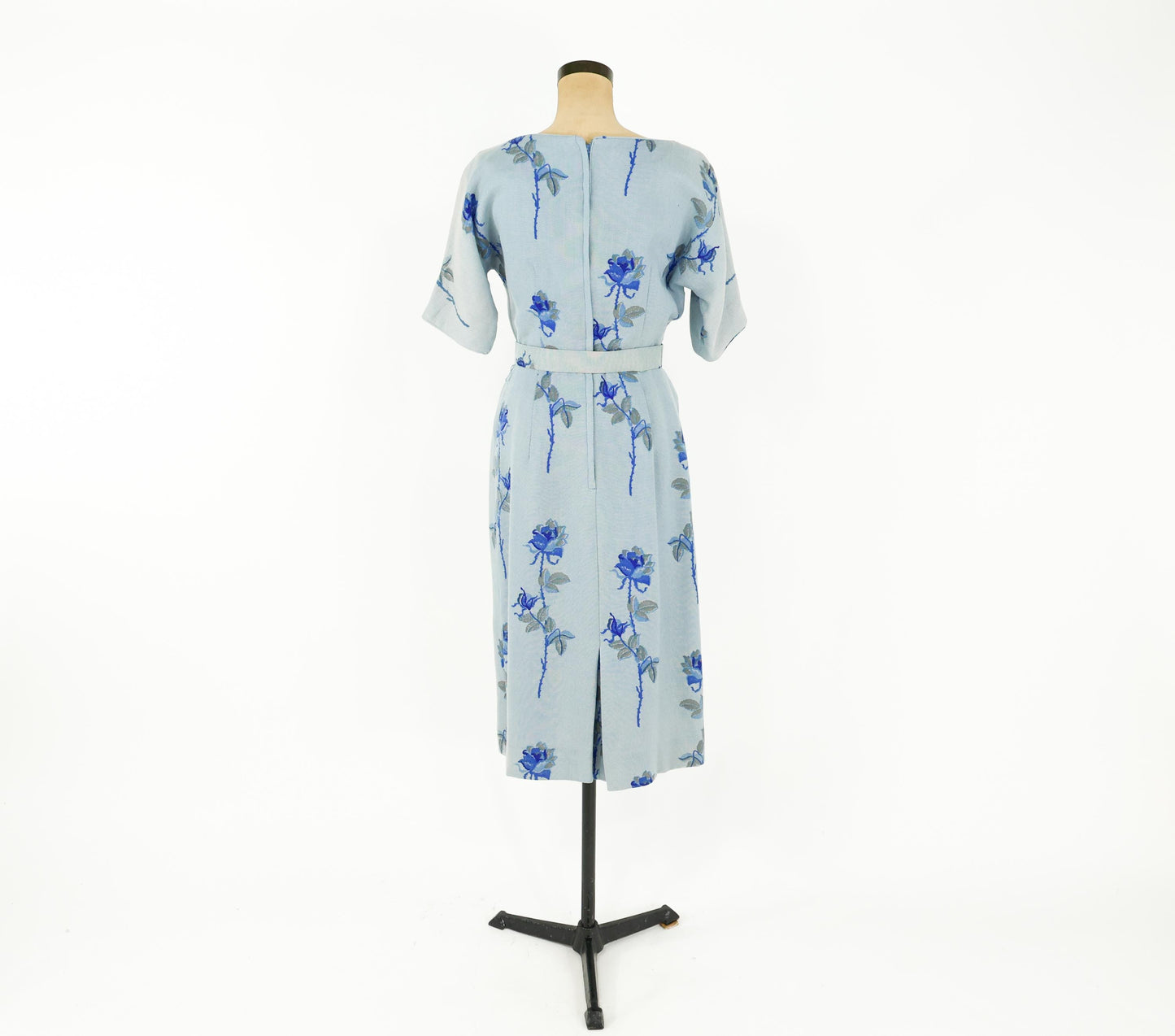 1950s Blue Floral Wool Sheath Dress, Medium