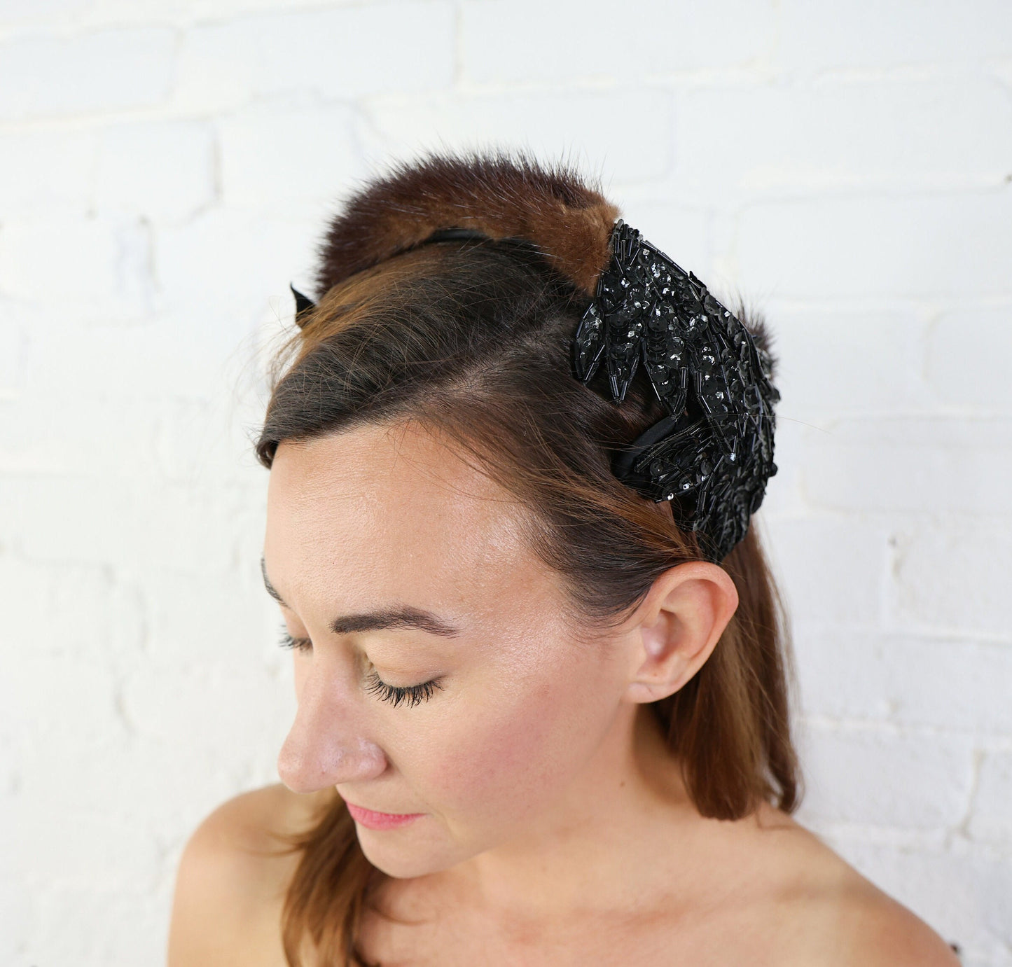 1950s Mink & Black Sequin Fascinator Hat