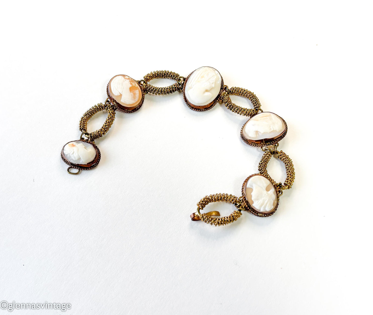 Antique Shell Cameo & Brass Bracelet, 1900s Jewelry