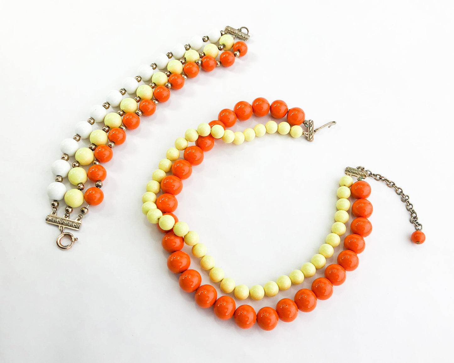 1960s Orange Beaded Necklace Set | 60s Yellow & Orange Plastic Choker Bracelet Set