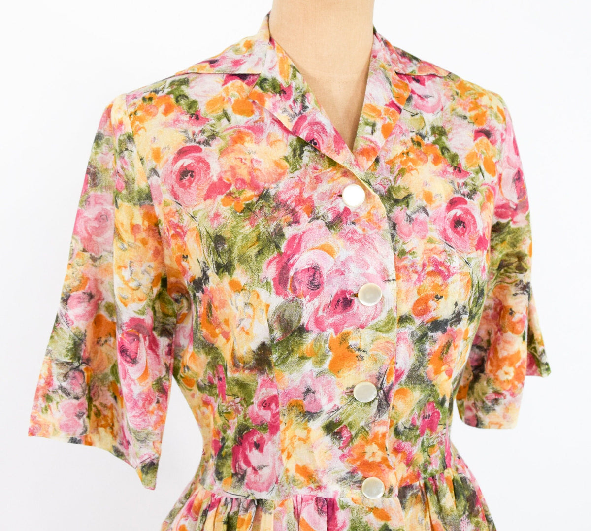1950s Floral Cotton Shirtwaist Dress | Orange Sheer Fabric, Medium