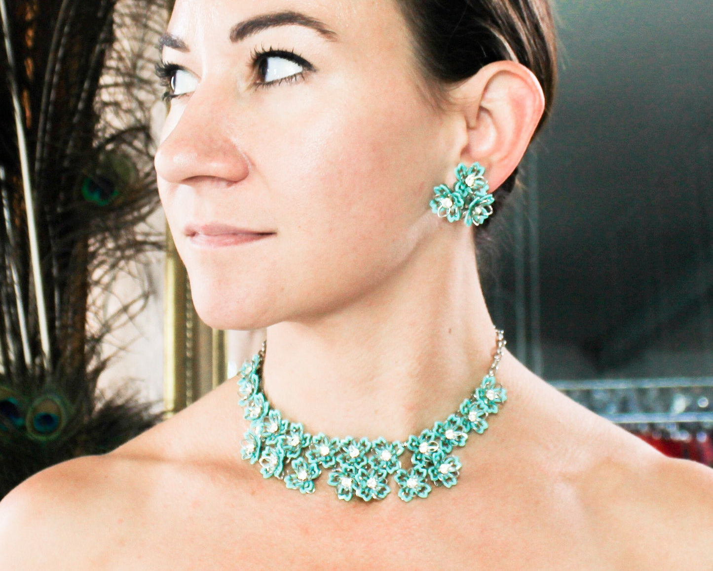 1960s Turquoise Flower Necklace Set | 60s Turquoise Plastic Flowers Necklace Jewelry Set