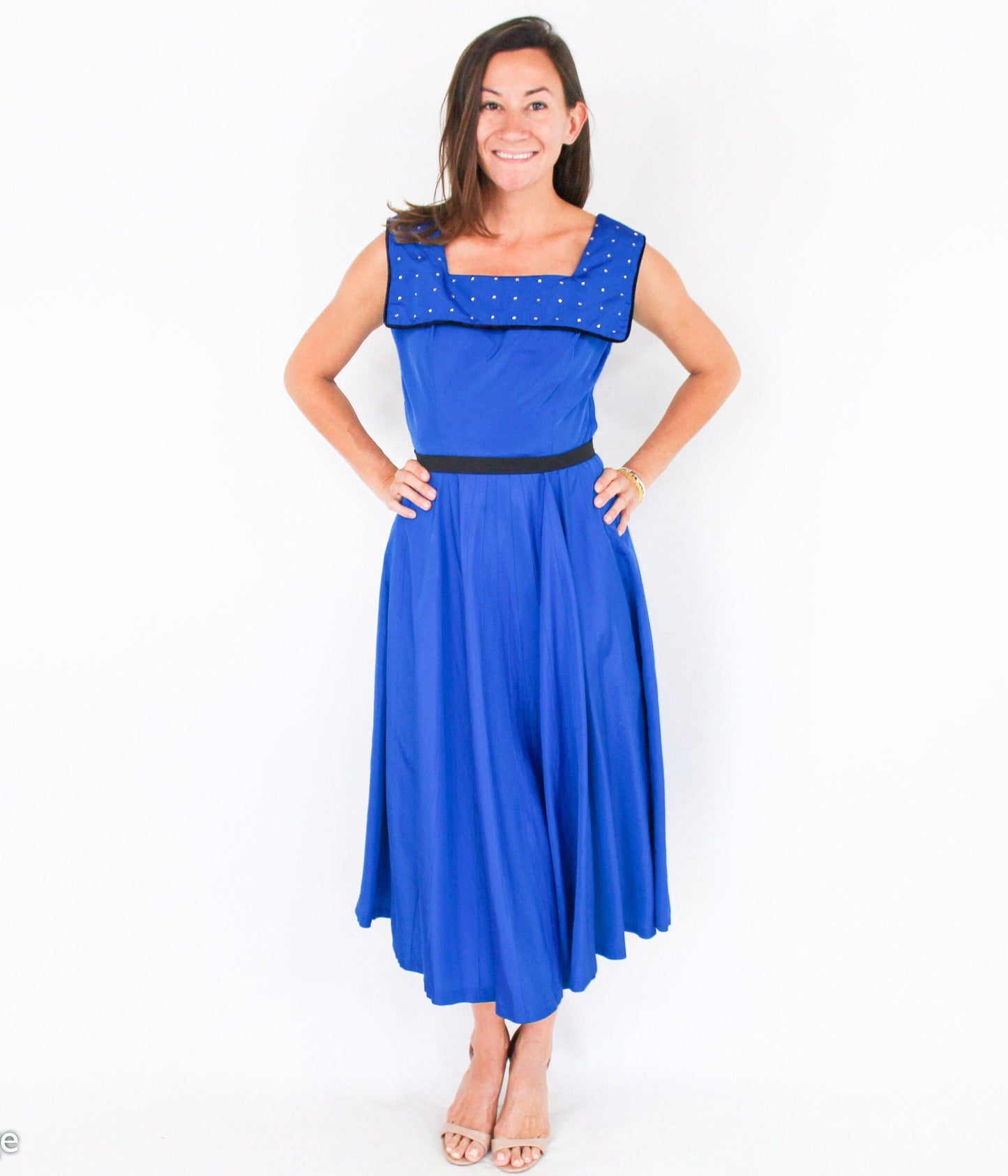 1940s Vintage Peacock Blue Taffeta Cocktail Dress with Rhinestone Collar, Small