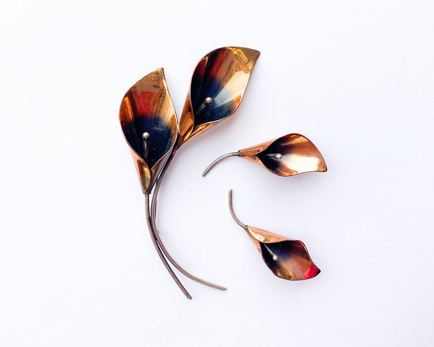 1950s Copper Flower Brooch & Earrings Set | 50s Copper Flower Pin Earring Set | Copper Flower Stems
