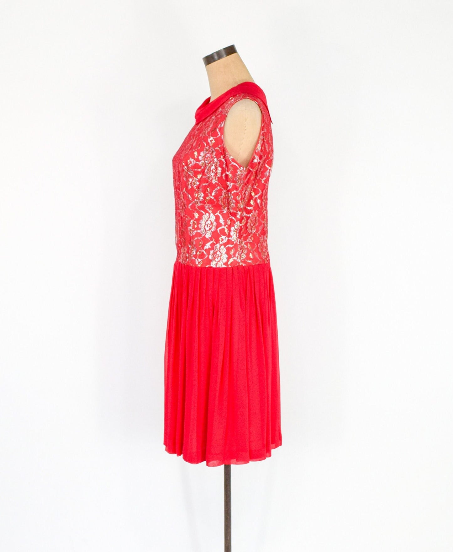1950s Red Chiffon & Silver Lace Party Dress, Medium