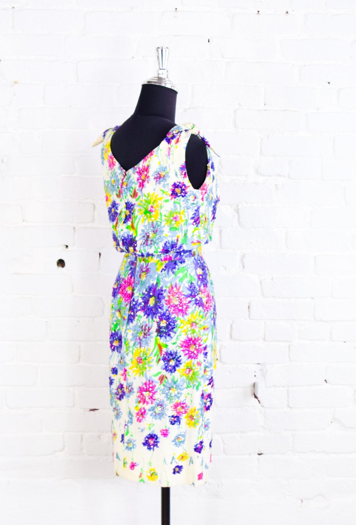 1950s Colorful Floral Sequin Party Dress, Small
