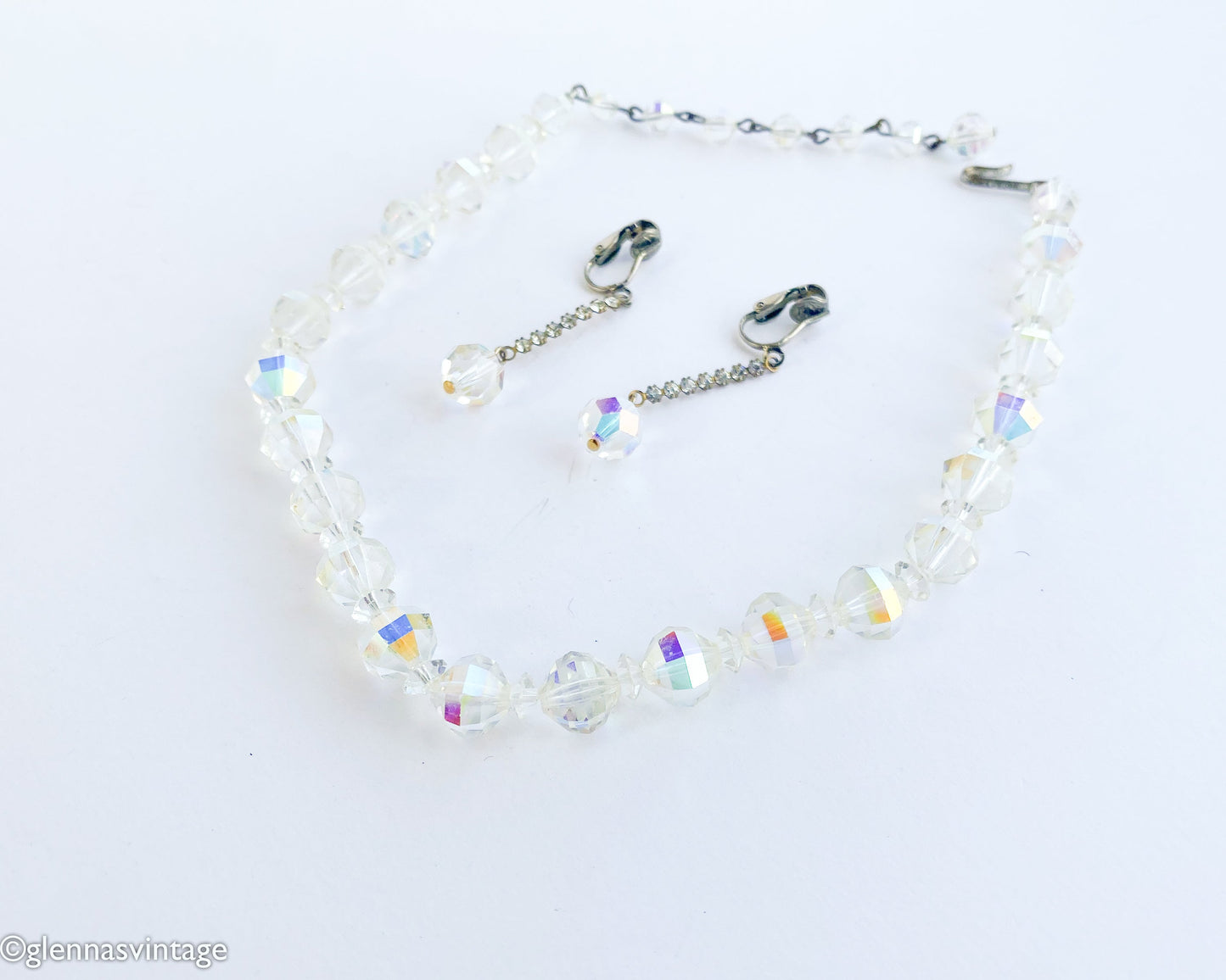 1950s Laguna Crystal Necklace Set | 50s Iridescent Crystal Necklace & Earrings | Laguna