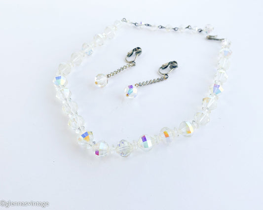 1950s Laguna Crystal Necklace Set | 50s Iridescent Crystal Necklace & Earrings | Laguna