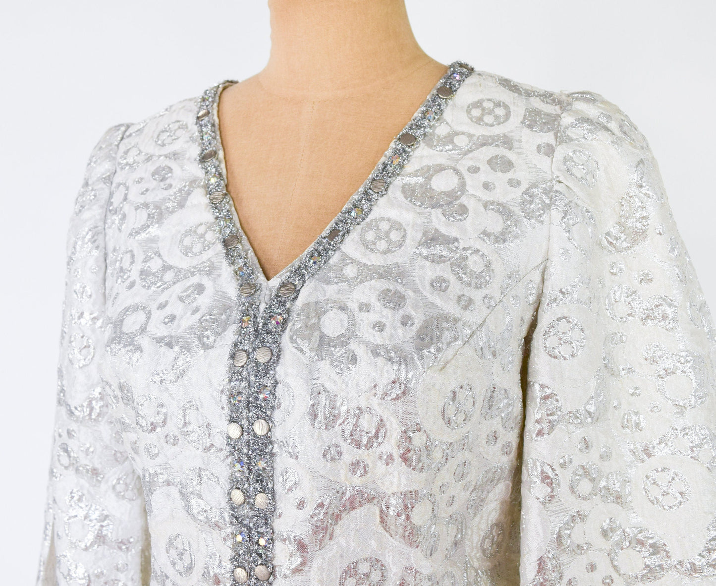 1970s Silver Brocade Evening Dress | 70s Silver Lamé Brocade Maxi Dress | Small