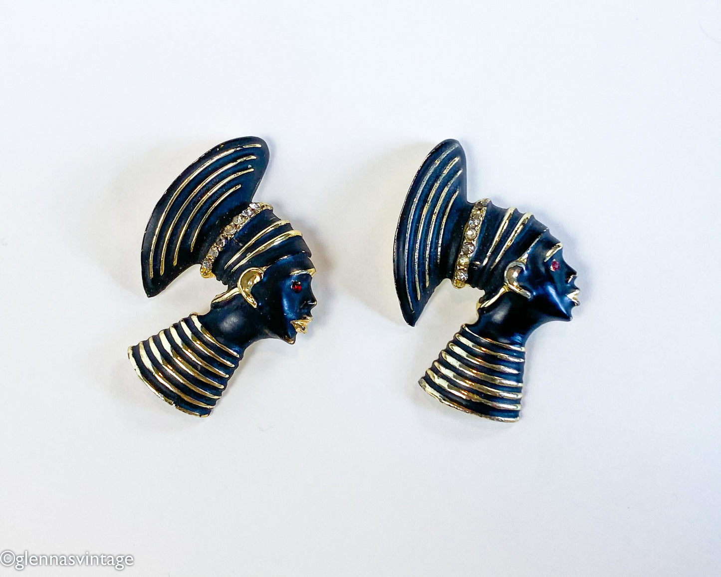 1950s Nubian Princess Brooch Set | Gold & Black Enamel Pins