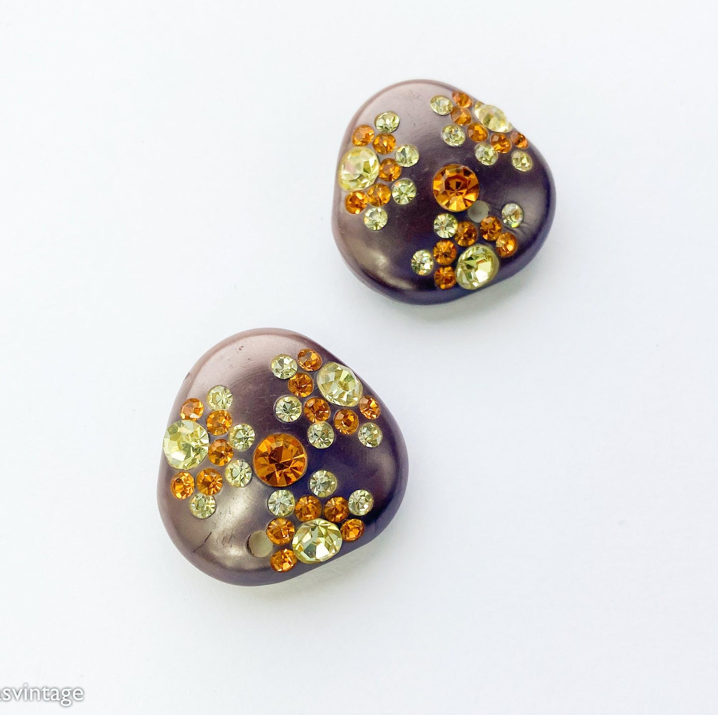 1960s Brown Rhinestone Earrings | 60s Brown Lucite & Rhinestone Clip Earrings