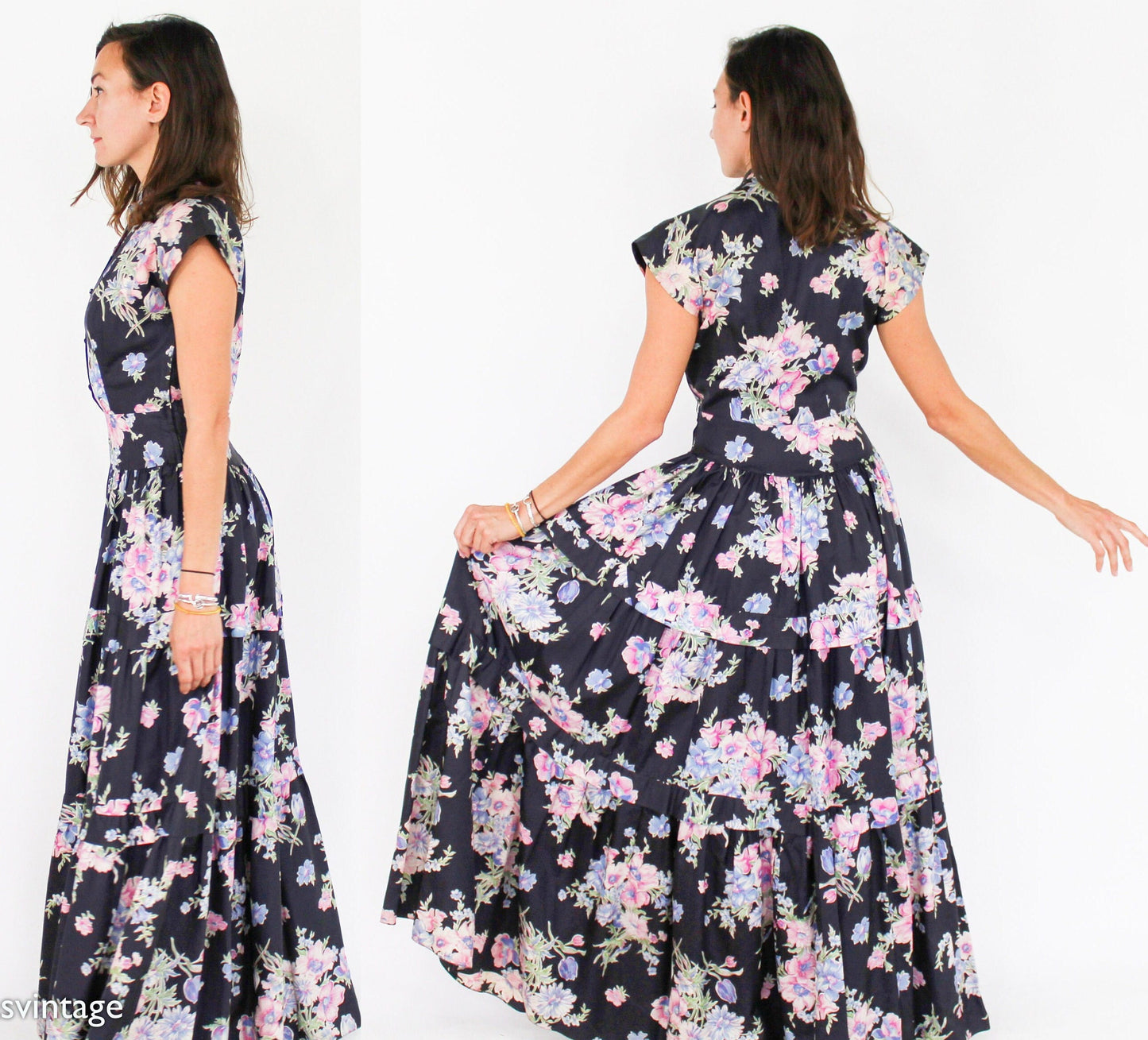 1940s Black Floral Print Evening Dress | 40s Black Flowered Sleeveless Hostess Gown | The Linzi Line | Small