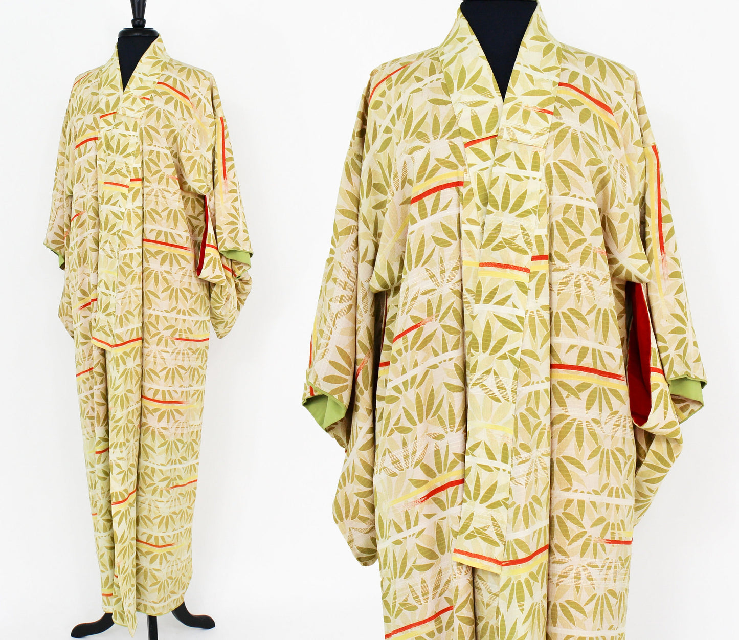 1950s Vintage Yellow Print Silk Kimono | 50s Yellow & Green Bamboo Leaf Kimono