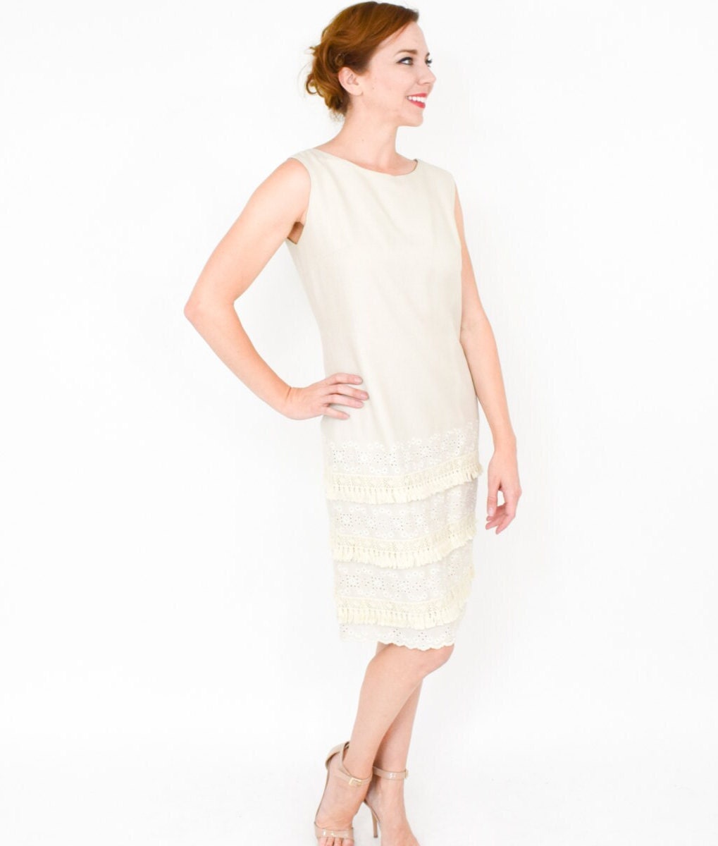 1950s Creme Cotton Fringe Sheath, Medium