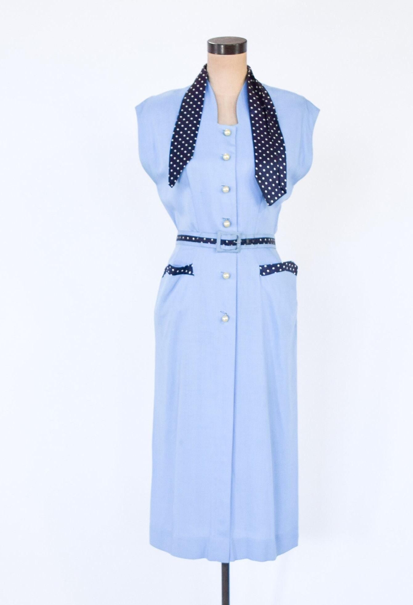 1950s Blue Cotton Sheath Dress, Medium