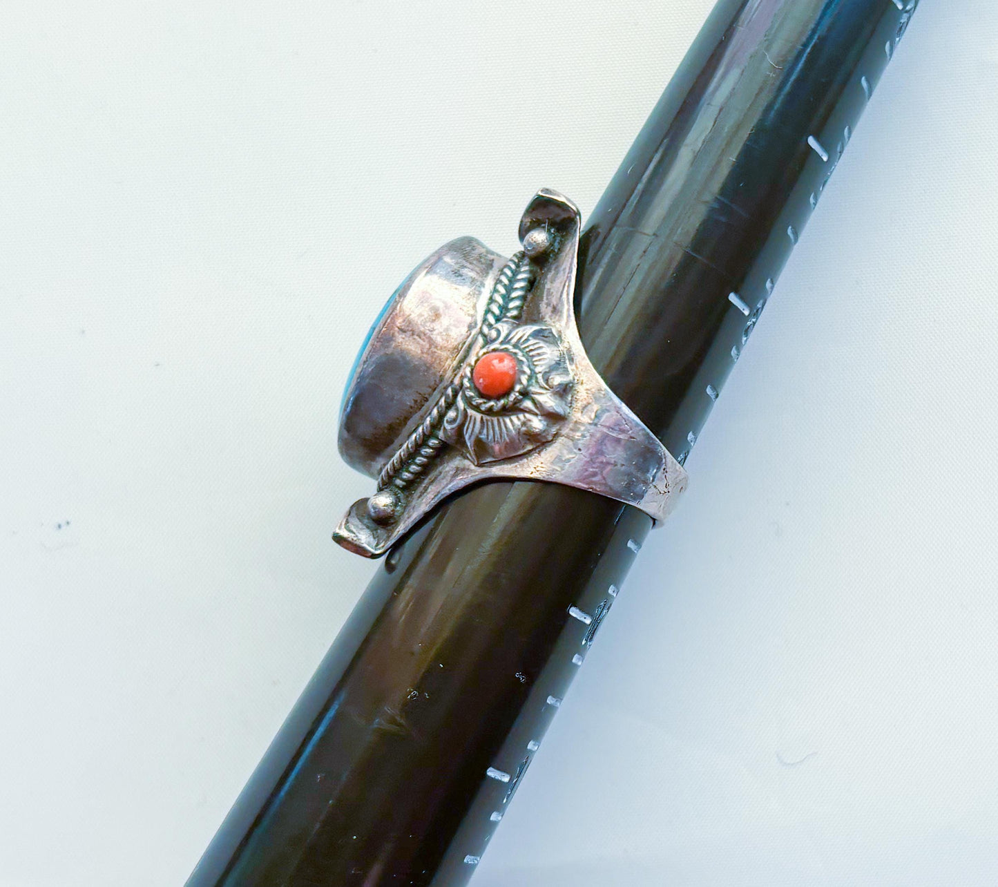 1940s Sterling Silver Turquoise Ring, Statement Large Silver Setting, Size 9