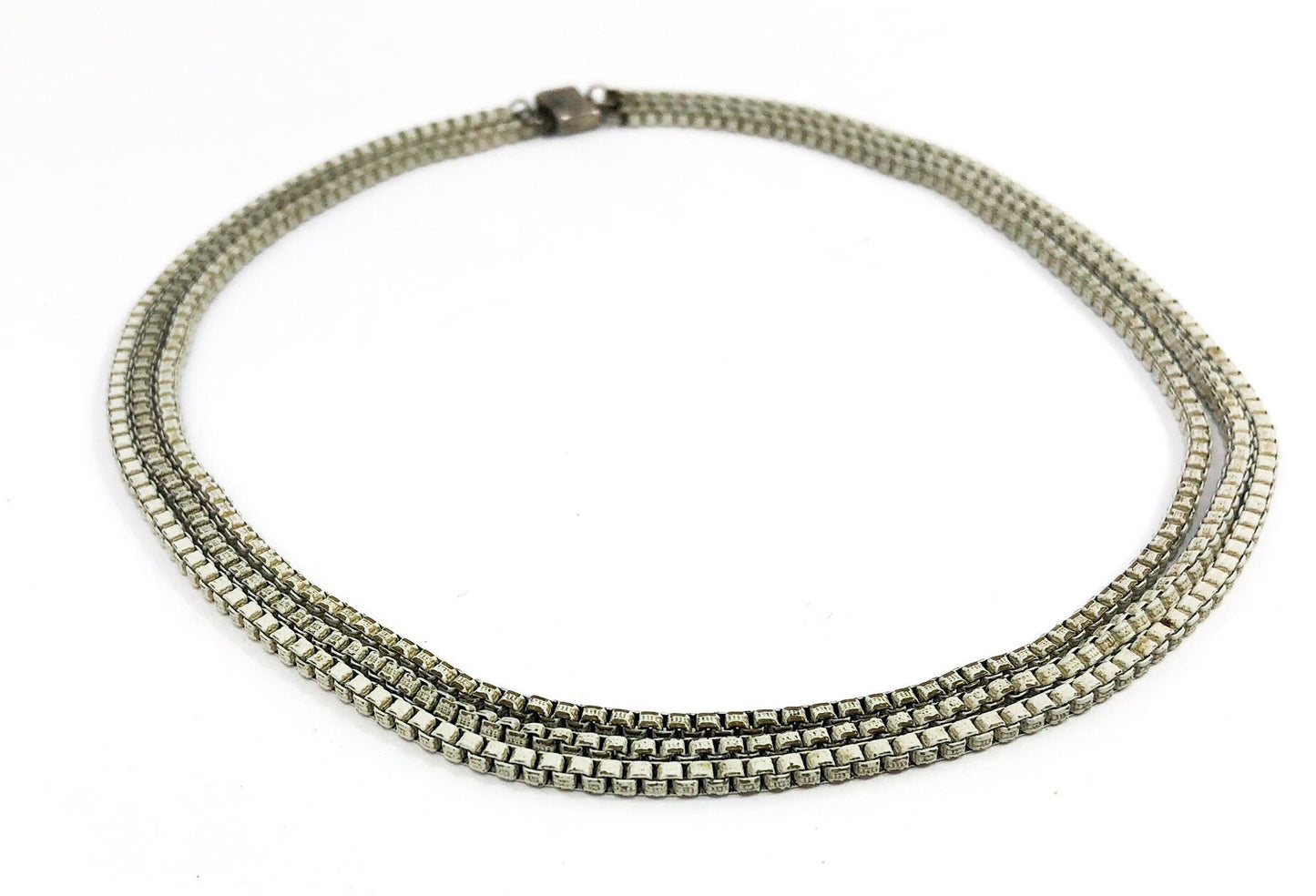 1930s White Enamel Box Chain Necklace | 30s White Box Chain Choker | 3 Strand Necklace