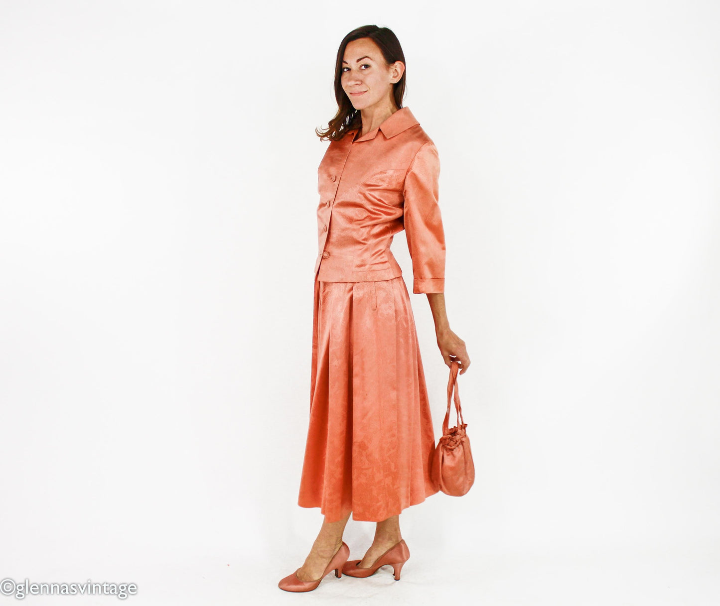 1940s Peach Satin Suit Set | 40s Orange Satin Wedding Skirt Suit Set | Medium