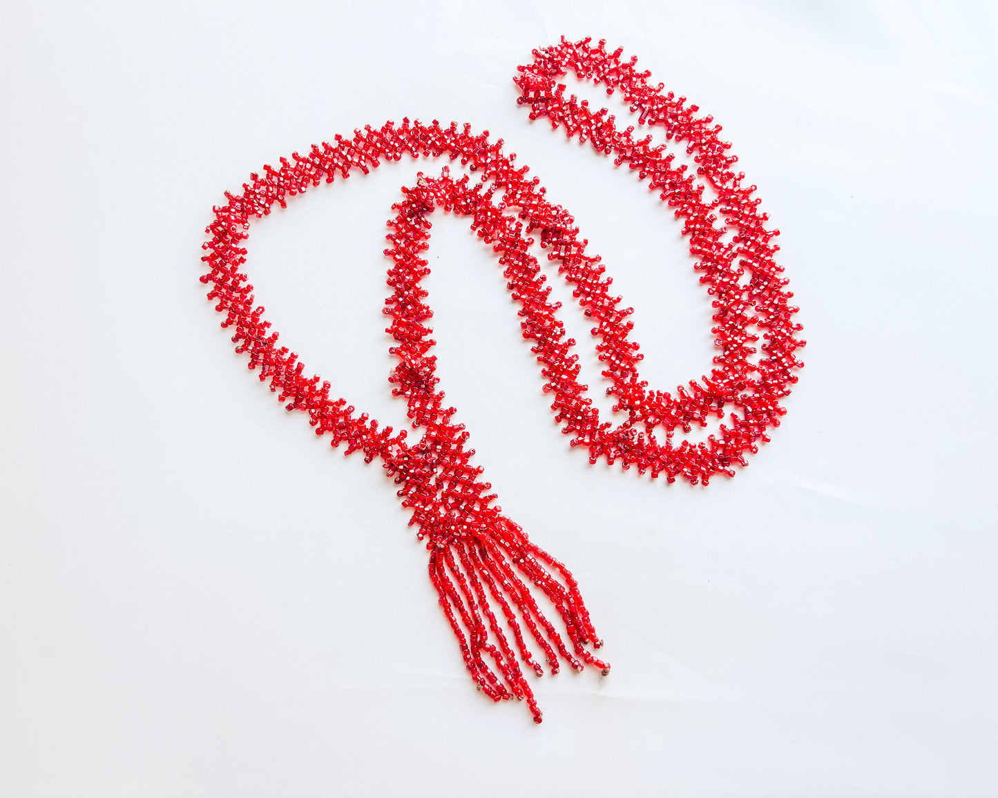1920 Red Beaded Necklace |  Beaded Flat Woven Necklace