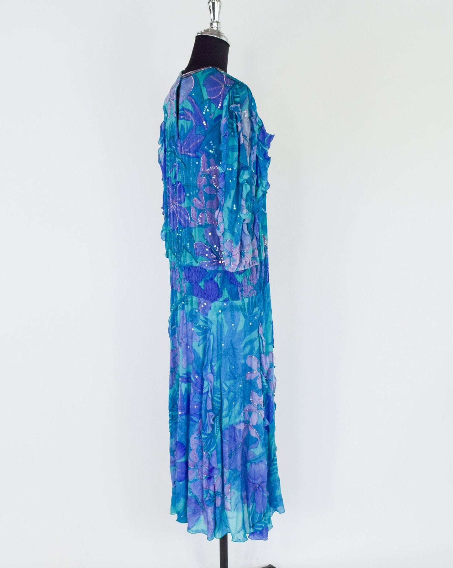 1980s Blue Silk Chiffon Ruffled Party Dress | 80s Blue Beaded Chiffon Dress | Judith Ann Creations | Medium