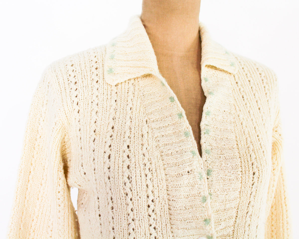 1950s Creme Wool Knit Cardigan, Medium
