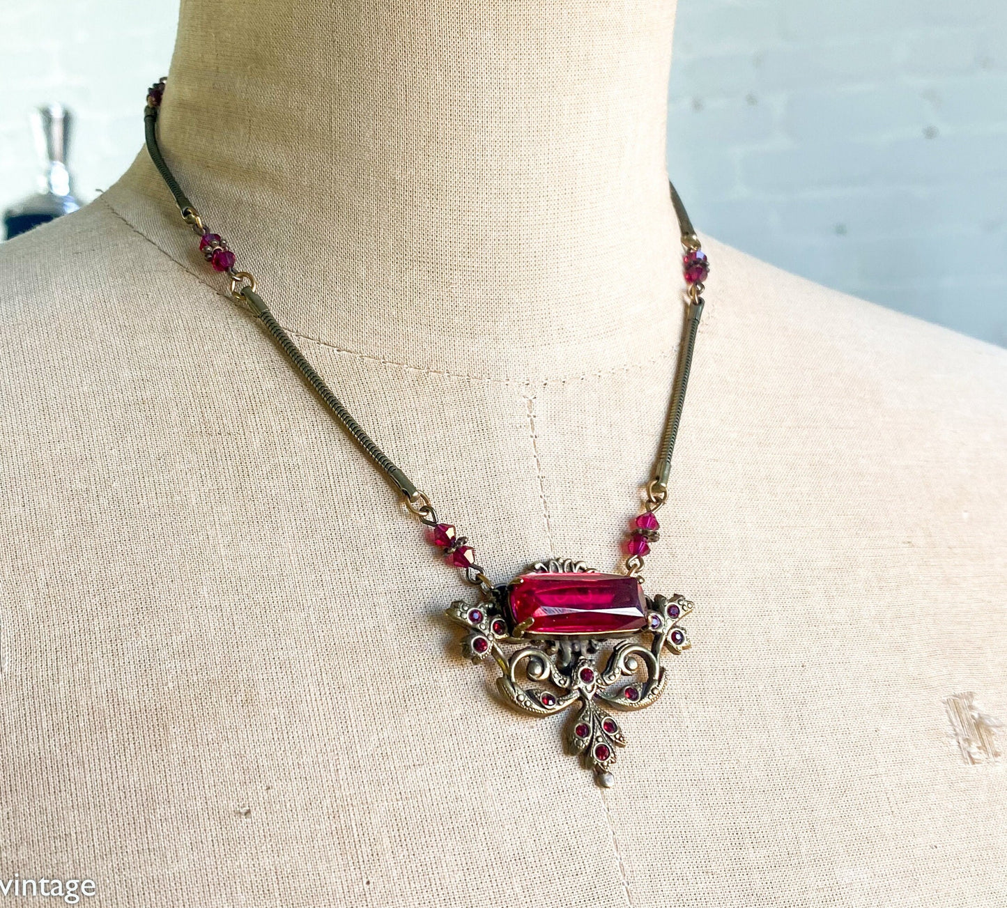 1940s Red Glass Pendant Necklace | Bronze Coil Chain