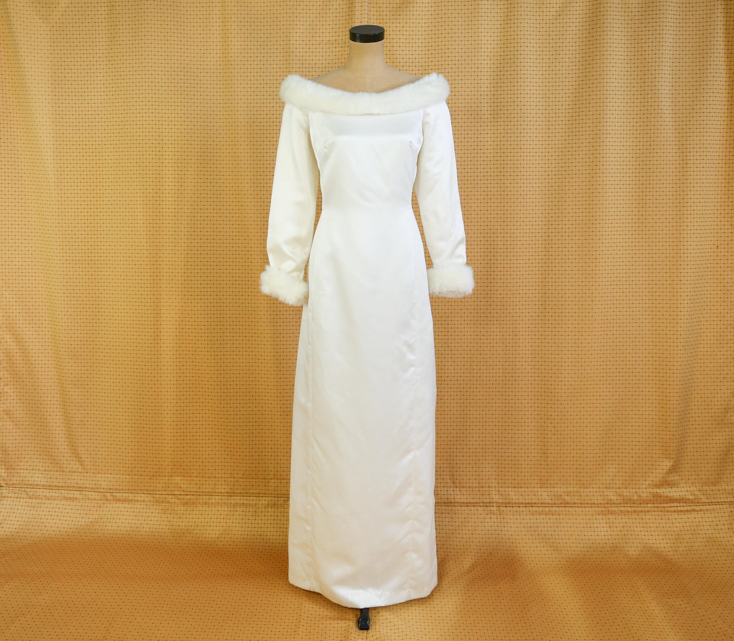 1980s Satin Wedding Dress with Faux Fur Trim, Large