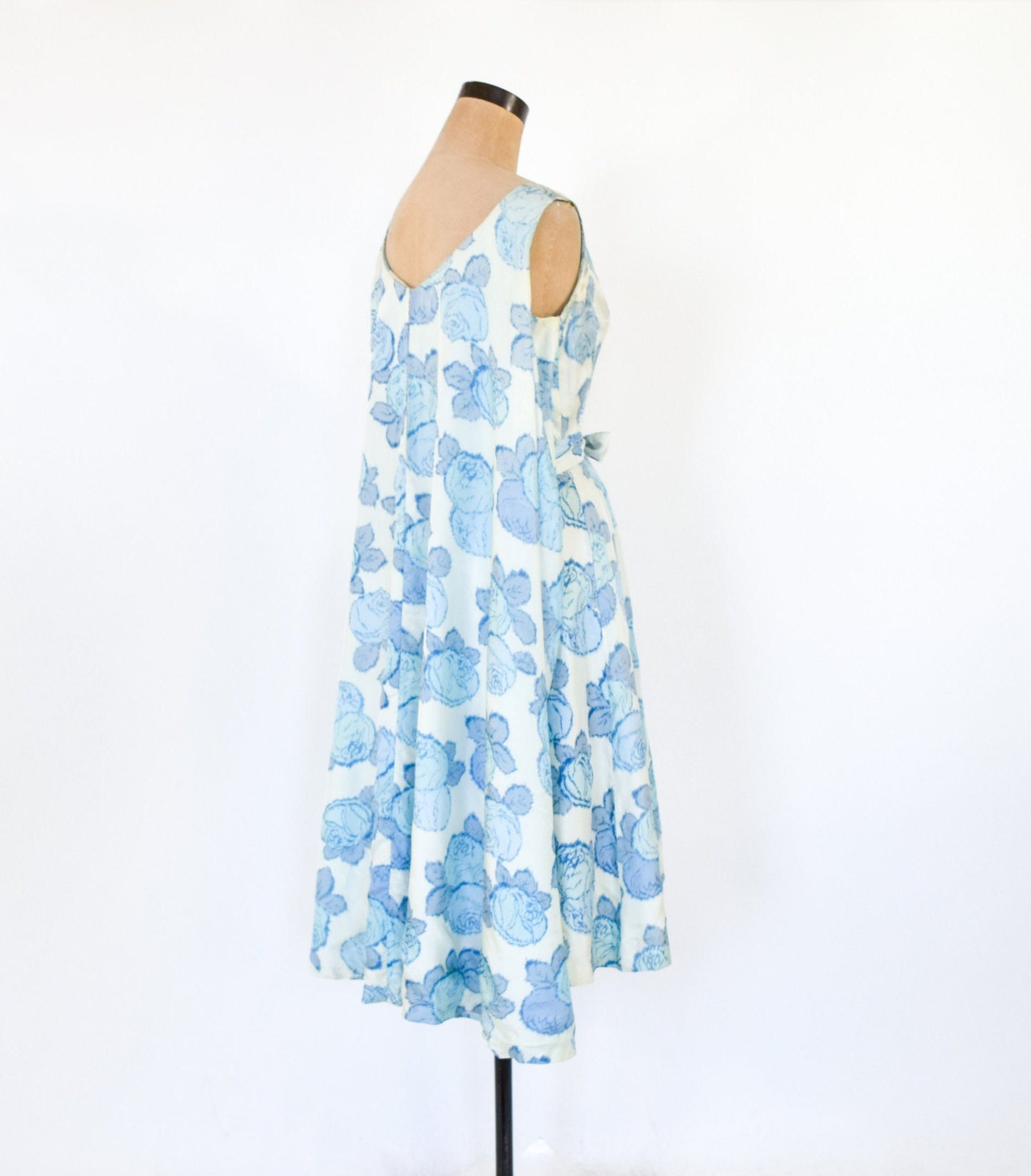 1950s Blue Rose Print Silk Dress with Full Cape Back, XS Extra Small