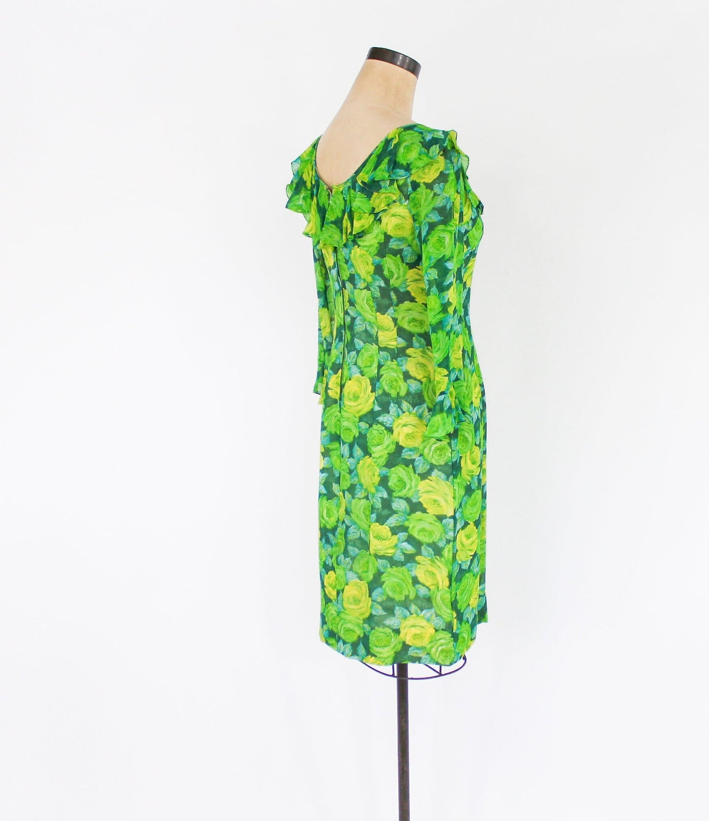 1950s Lime Green Rose Print Chiffon Dress by Elinor Gay, Medium
