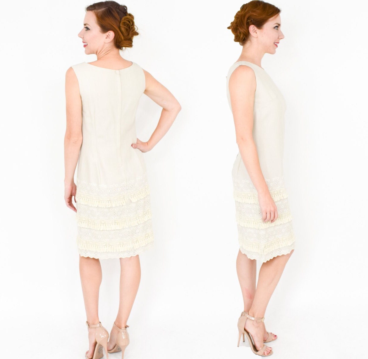 1950s Creme Cotton Fringe Sheath, Medium