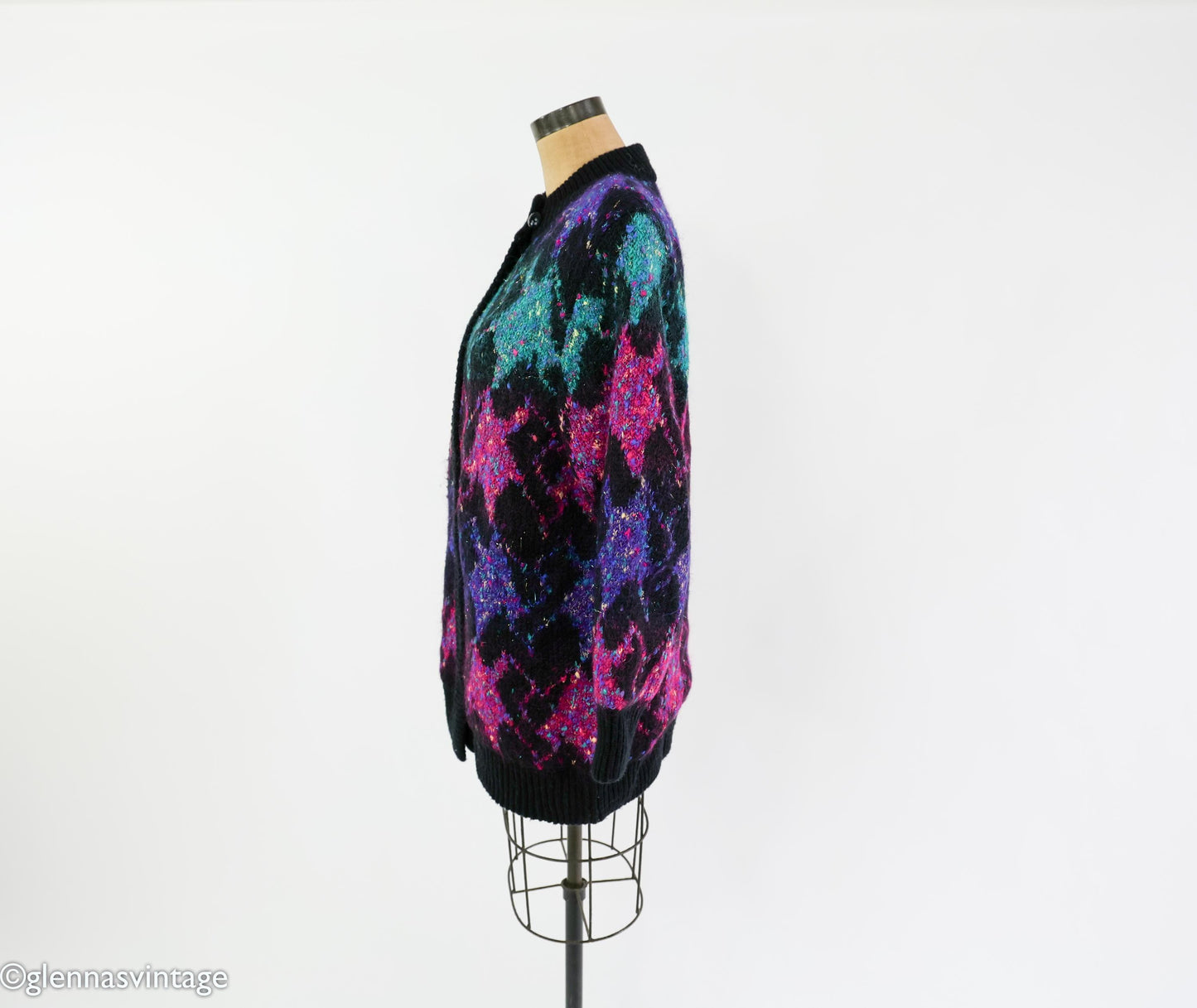 1980s Black Purple Metallic Knit Sweater Jacket, Lily of California, XL