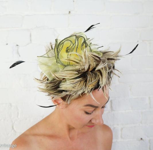 1990s Yellow Feather Fascinator Hat,  Avant Garde Occasion Wear
