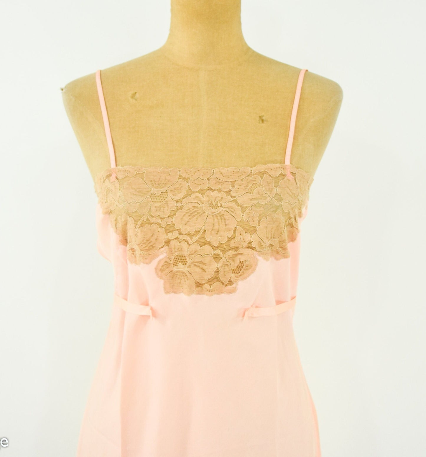 1920s Peach Silk Slip Lingerie | 20s Pink & Beige Lace Slip | Peach Romper | Small