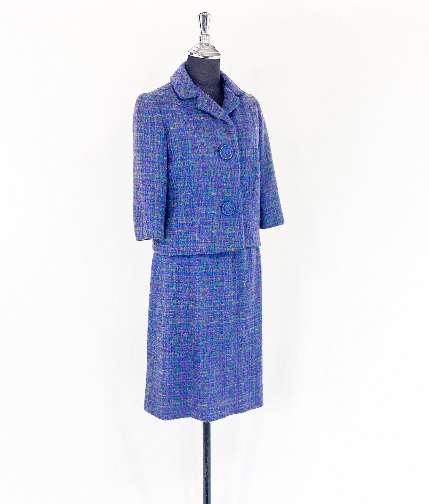 1960s Blue Plaid Wool Suit | 60s Purple Plaid Wool Tweed Suit | Jackie O | Medium