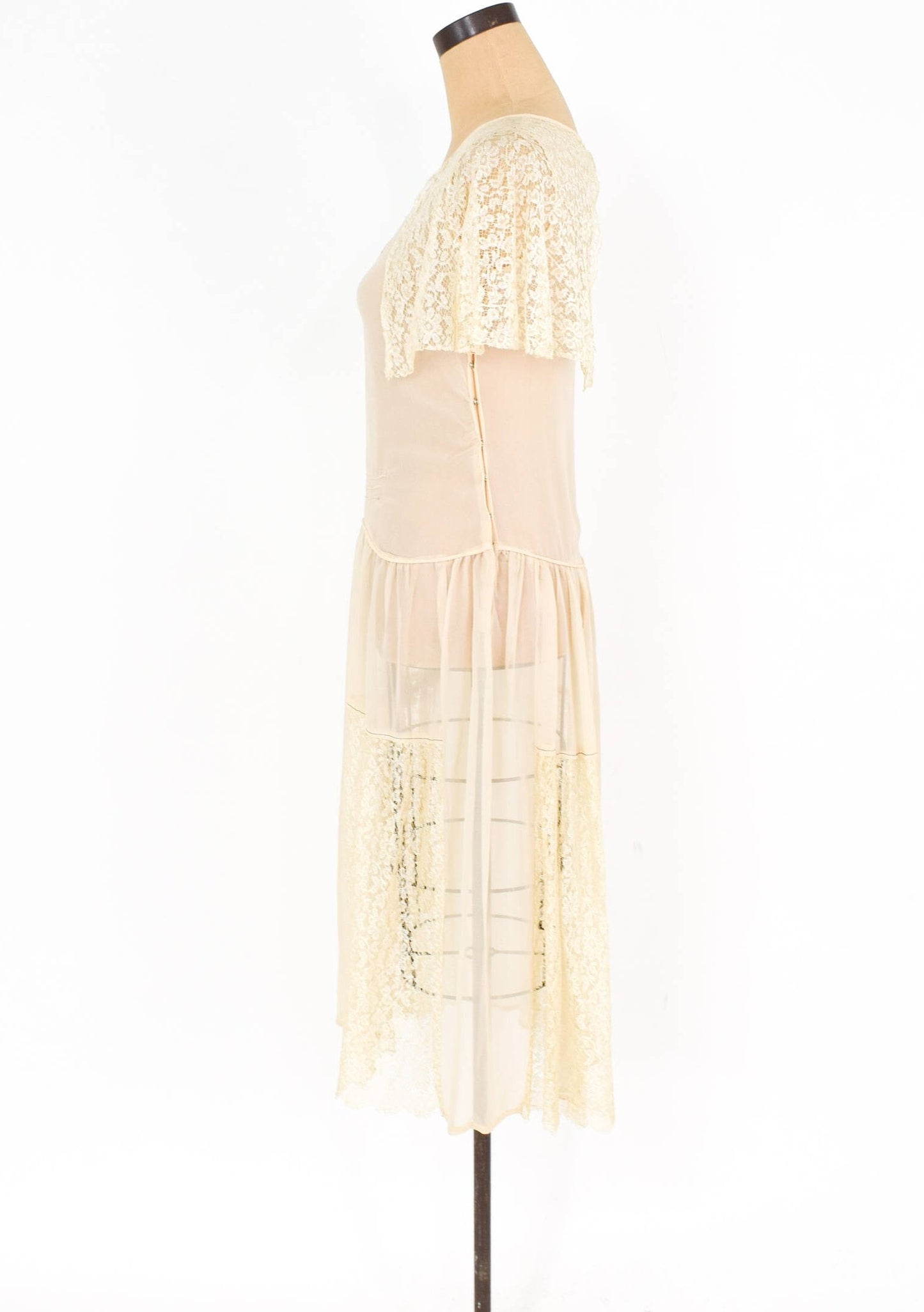 1920s Ivory Silk Chiffon Lace Dress, Vintage Wedding, Small