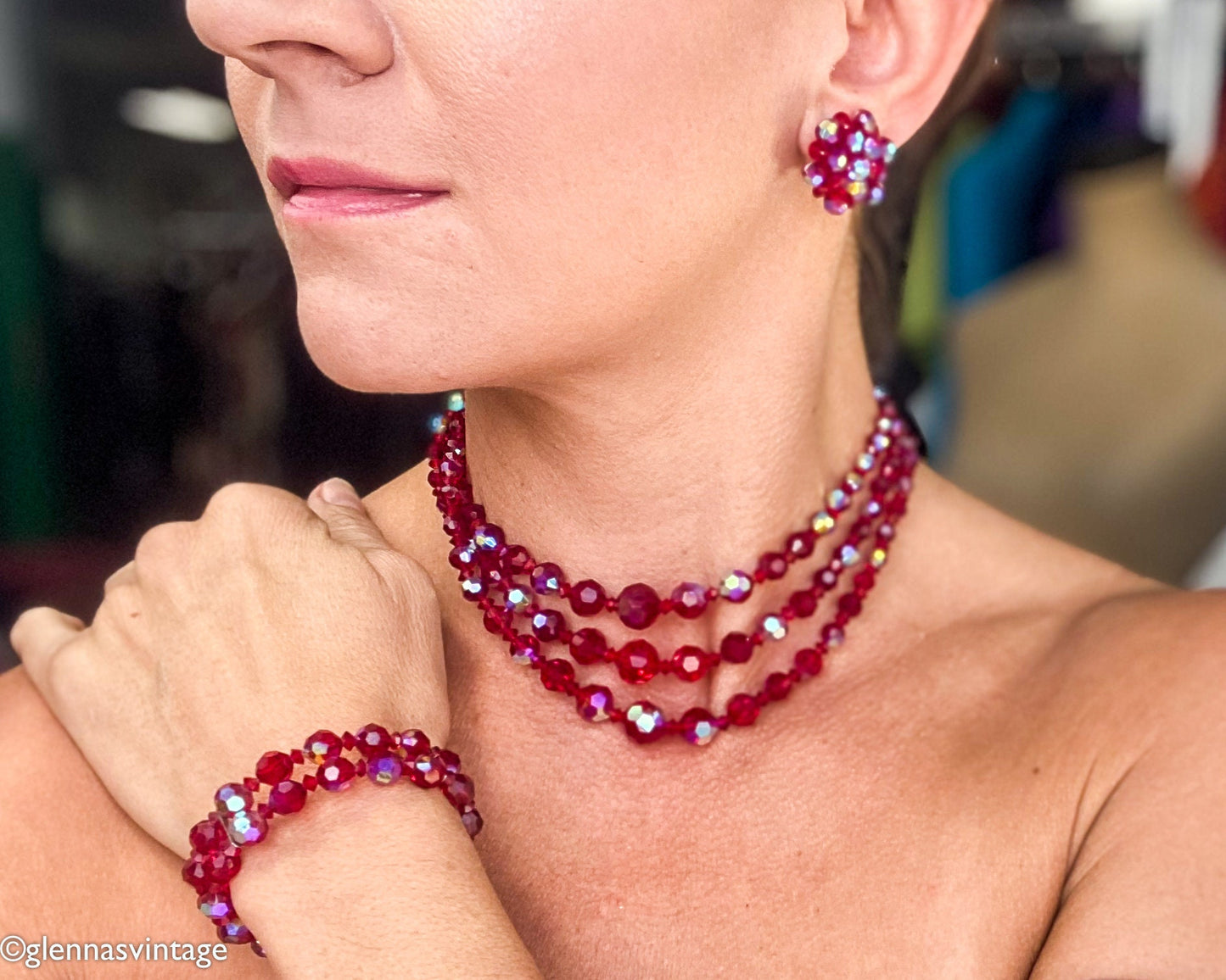 1950s Red Aurora Borealis Crystal Necklace Bracelet Earrings Set, Parure Jewelry set