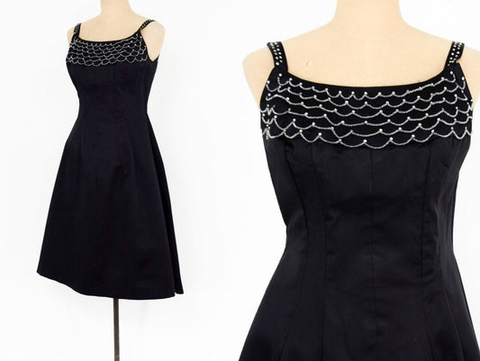 1950s Black Satin Cocktail Dress | 50s Black Beaded Satin Evening Dress | Golden Gate | Medium