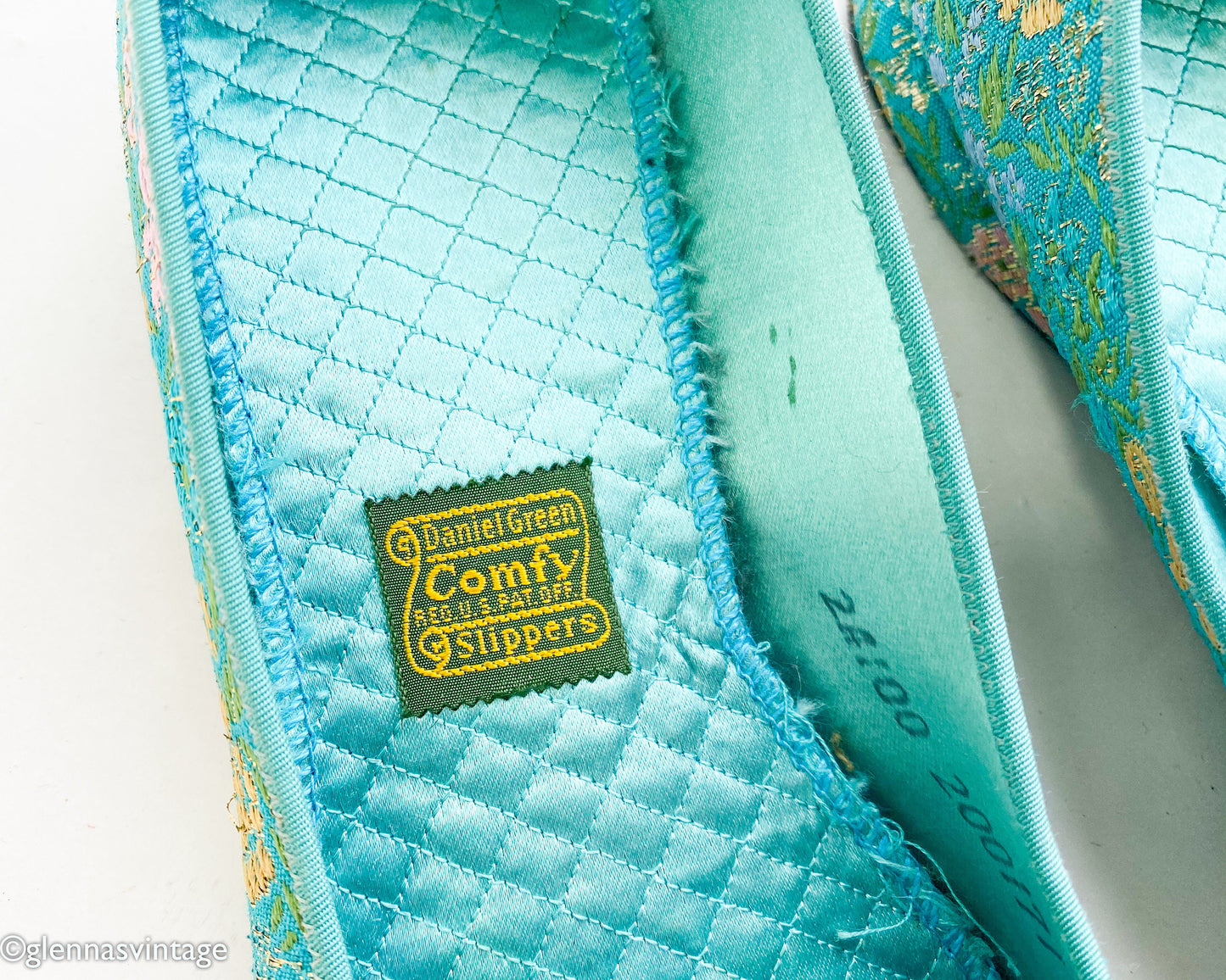1950s Turquoise Brocade Slippers | Blue & Gold Shoes , Size 12