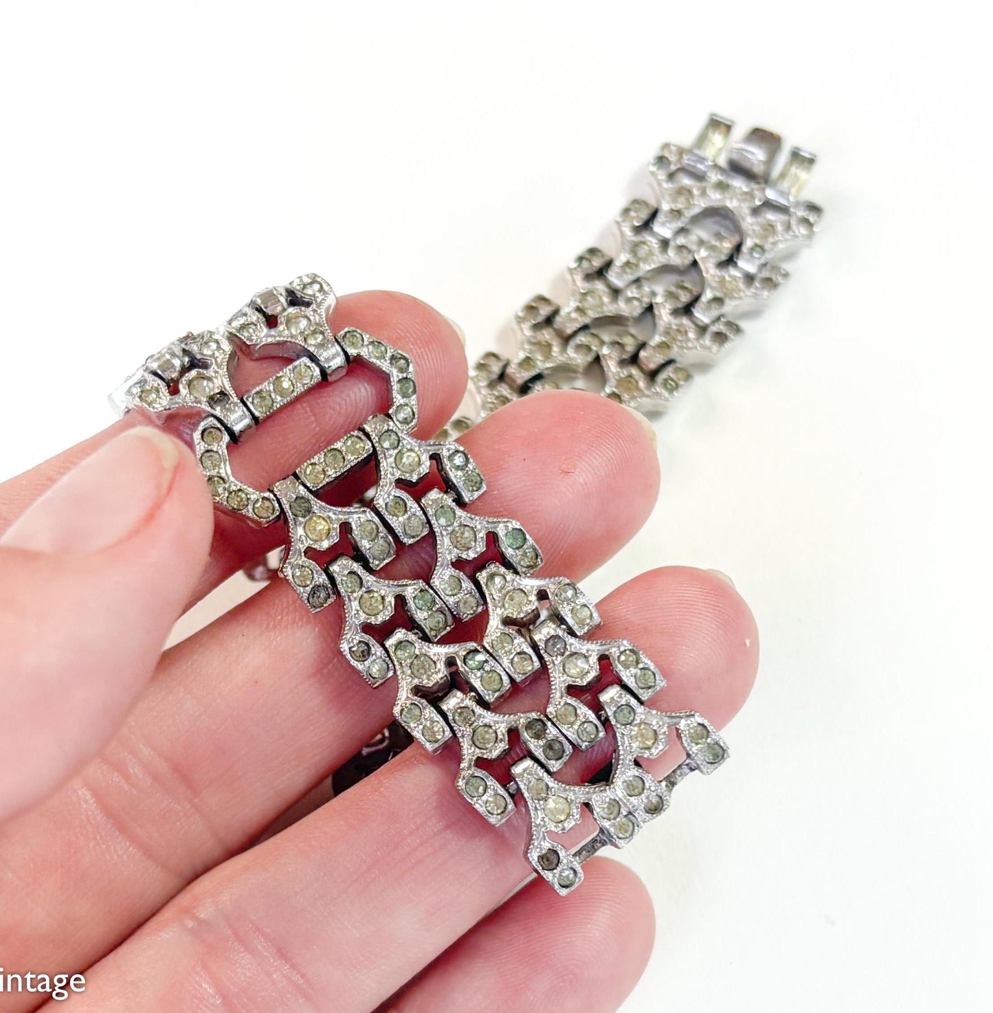 1930s Art Deco Rhinestone Bracelet, Geometric Silver Link Bracelet