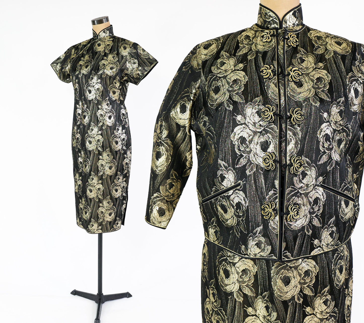 1950s Black Gold Metallic Brocade Cheongsam Dress and Matching Jacket, Large