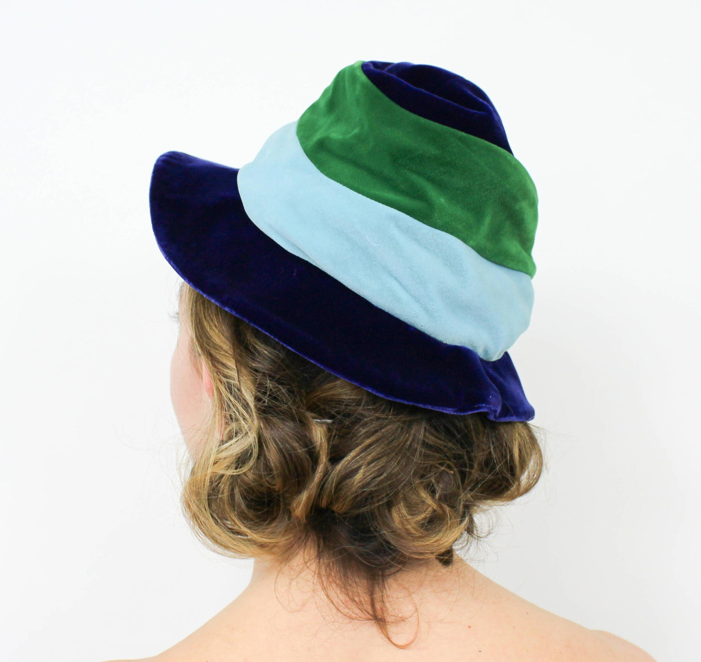Dachettes | 1960s Blue Velvet Slouch Hat | 60s Blue & Green Striped Hat | Dachettes