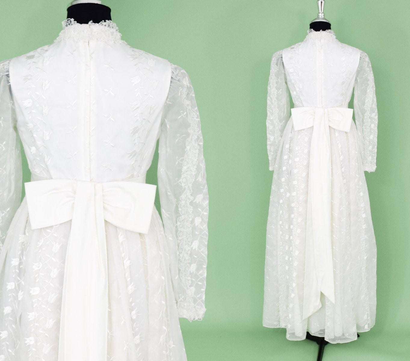 1960s White Lace Bridal Gown, Wedding Dress, Small