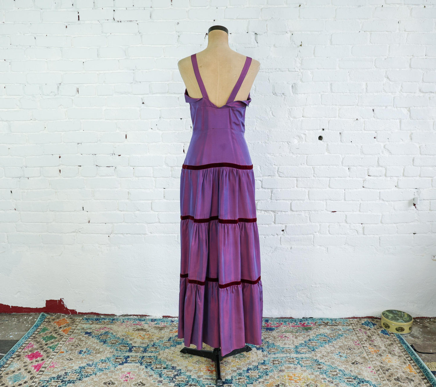 1930s Iridescent Purple Taffeta Evening Gown with Velvet Trim, Small