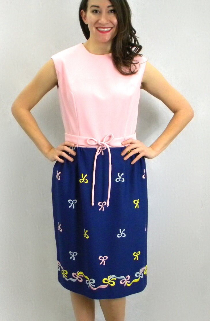 1960s Blue & Pink Shift Dress | 60s Navy Polyester Knit Dress | Medium