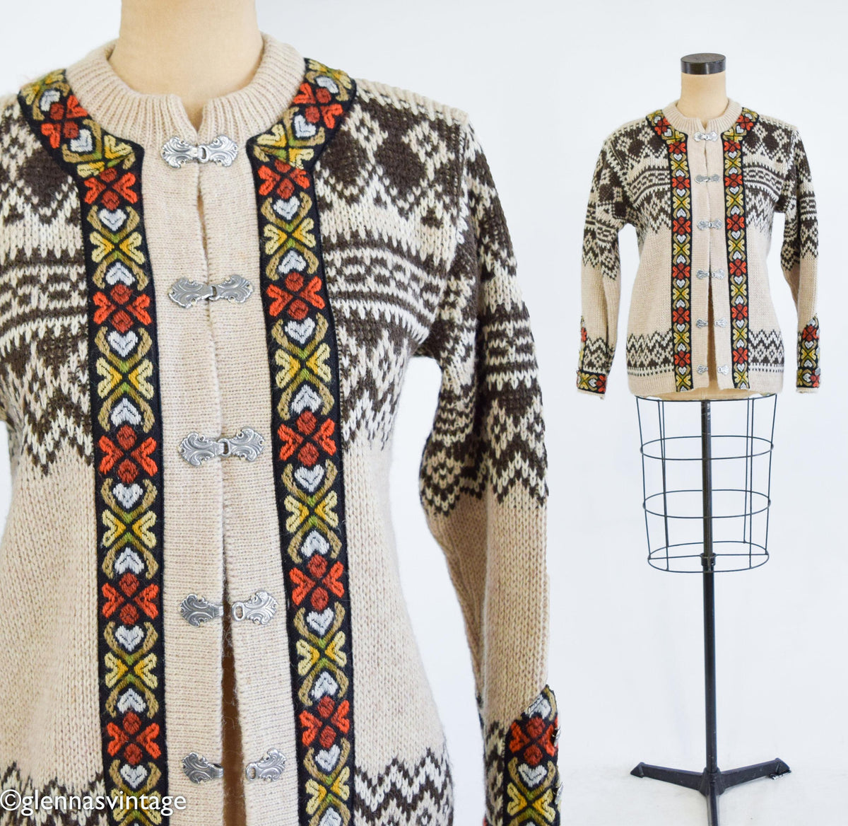 1950s Nordic Brown Pattern Virgin Wool Cardigan, Medium