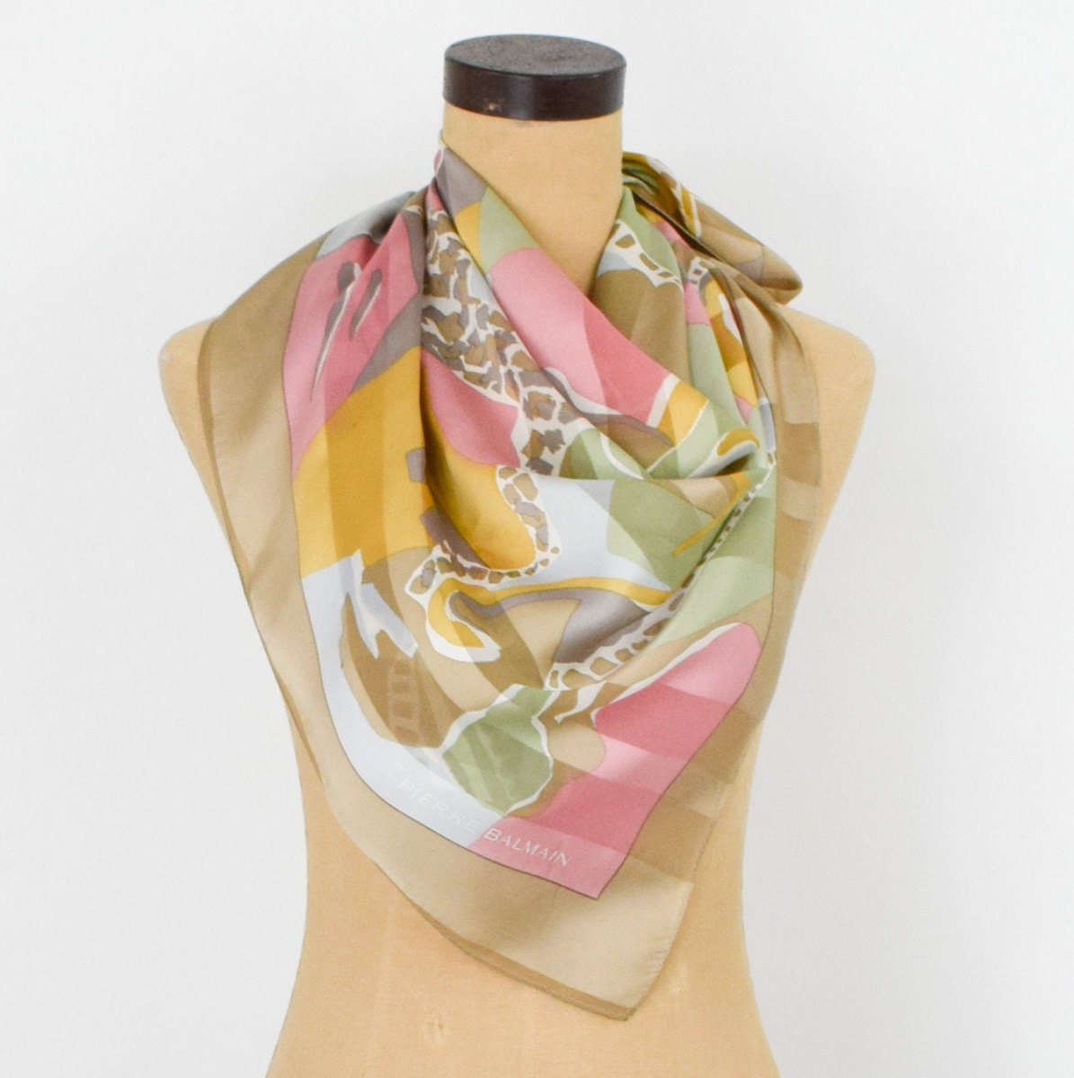 1980s Pierre Balmain Beige Pastel Print Silk Scarf