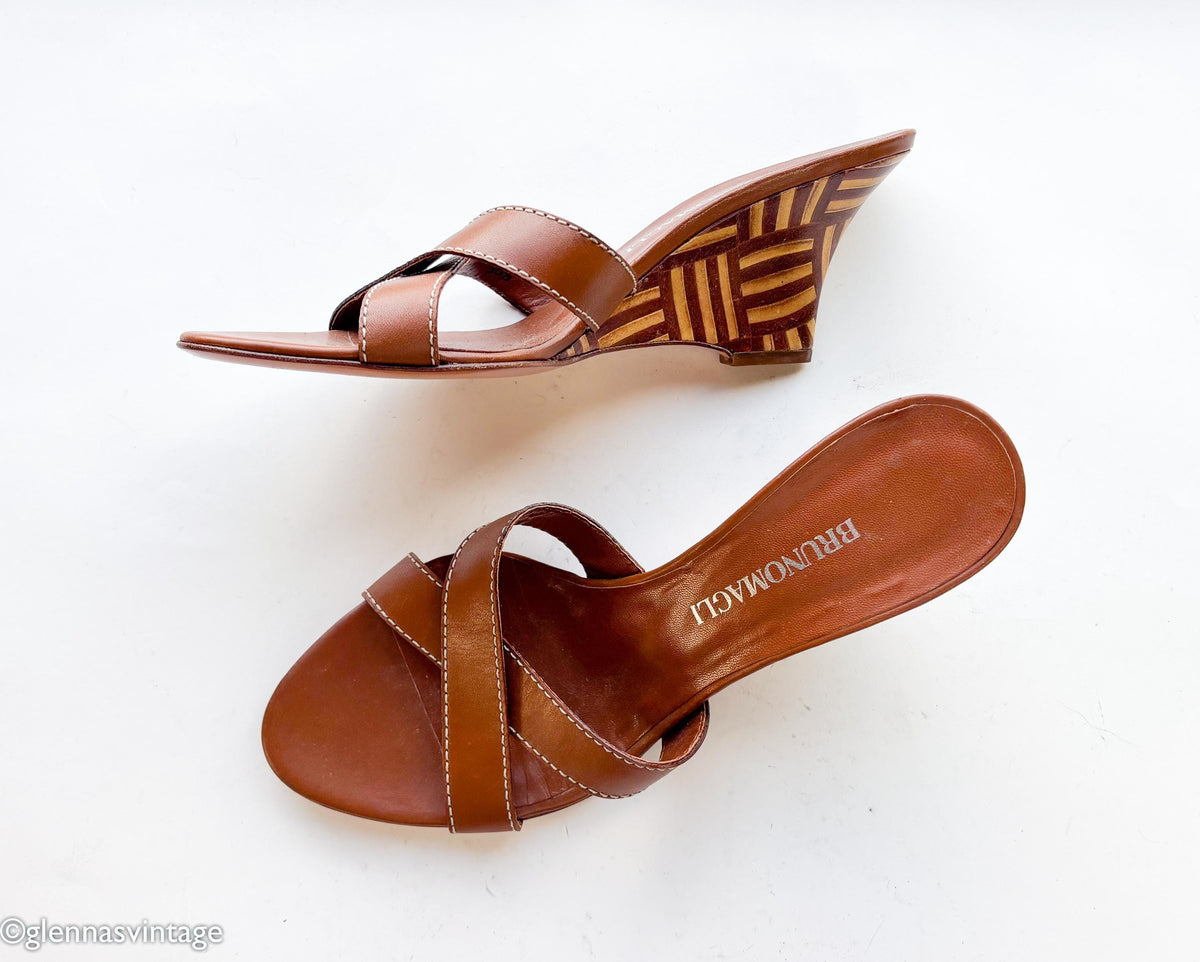 1990s Brown Leather Wedge Sandal Heels, Bruno Magli, US 6, EU 36.5