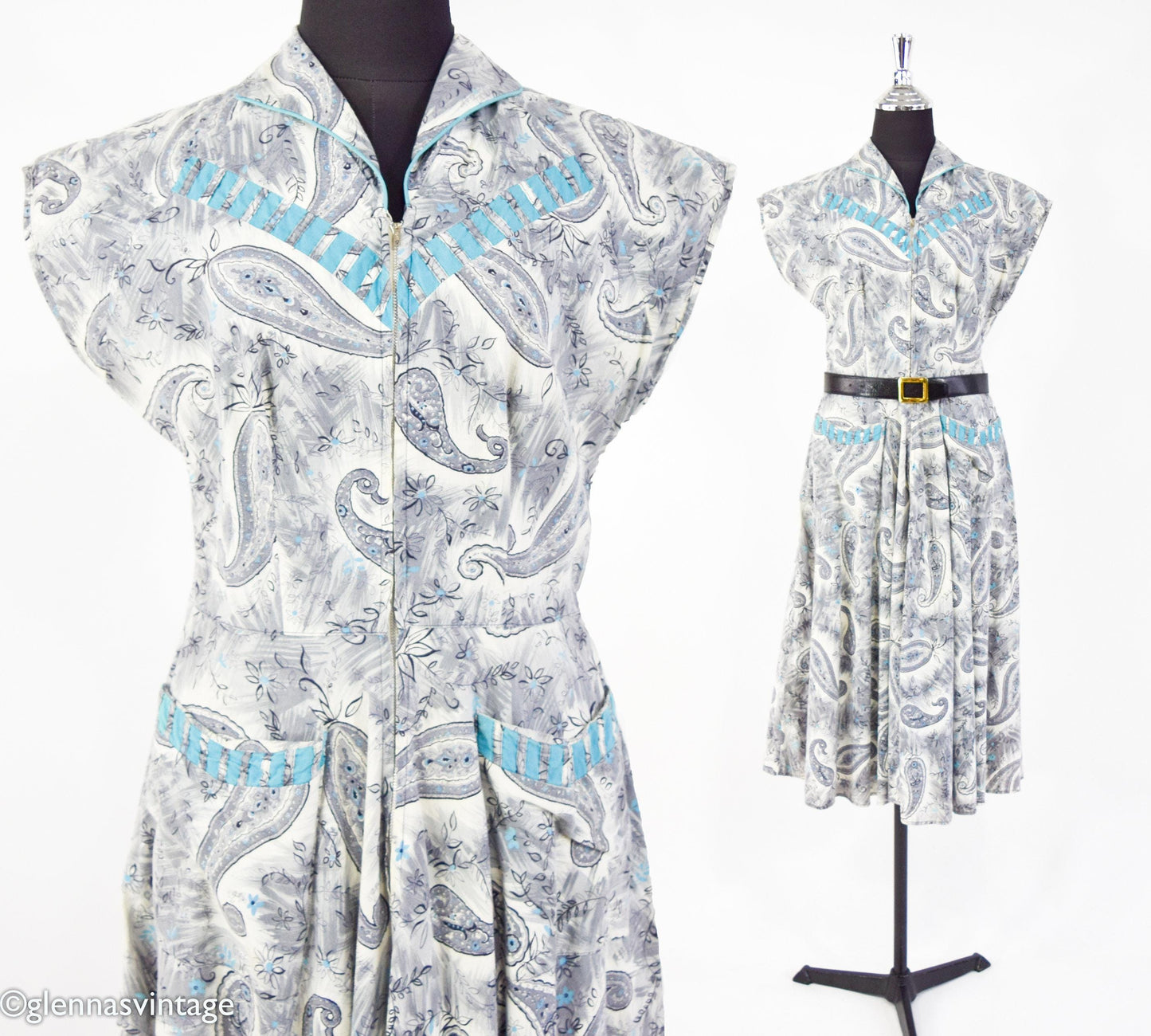 Vintage 1950s Paisley Print Dress, Turquoise Accents, Full Skirt, Size Medium