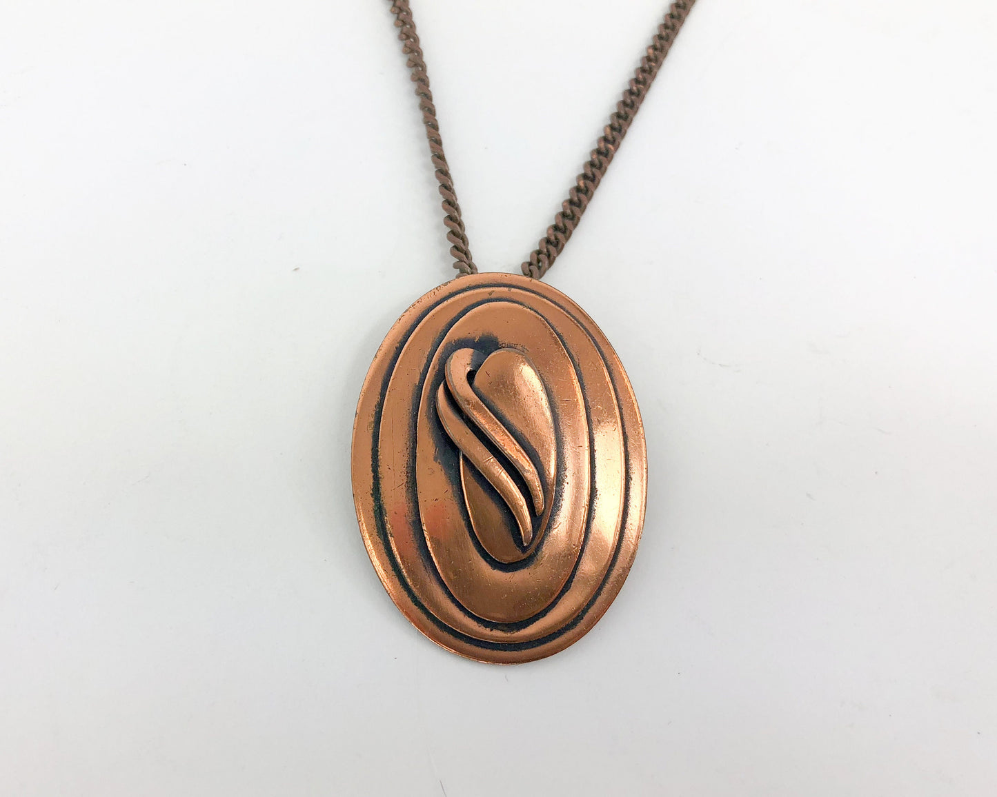 1960s Copper Pendent Necklace | 60s Modern Pendant Pin Necklace | Rosyln Hoffman